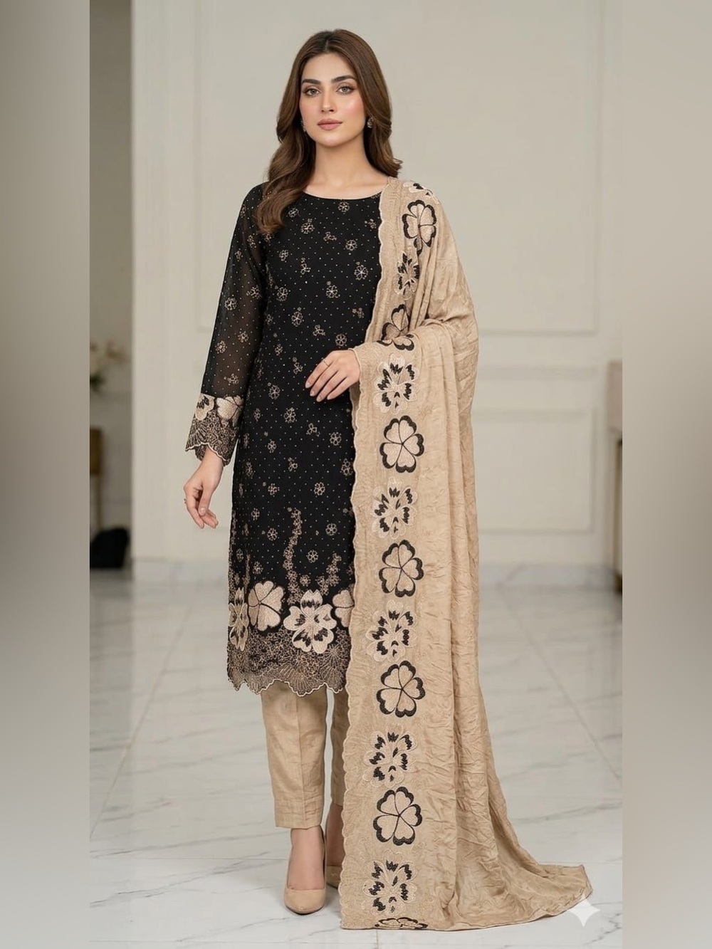 Cream Embroidered Salwar Kameez with Maroon Floral Dupatta